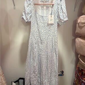 Reformation White Dress with Blue Floral Print